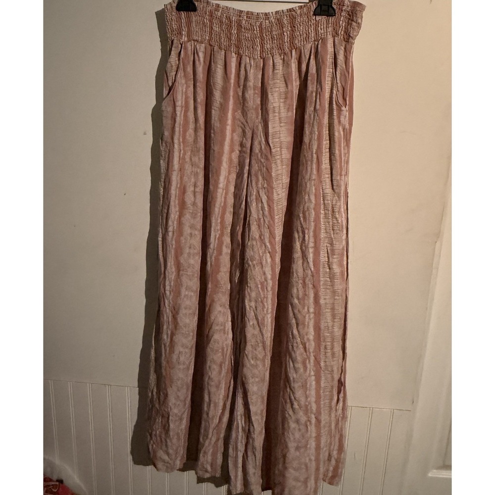 Sozy XXL Wide Leg Pants Pull On Waist Stretchy Boho Cottagecore Pink Slit